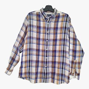 100% Linen Preppy Button-Down Cremieux Collection Blue Plaid Men's size L